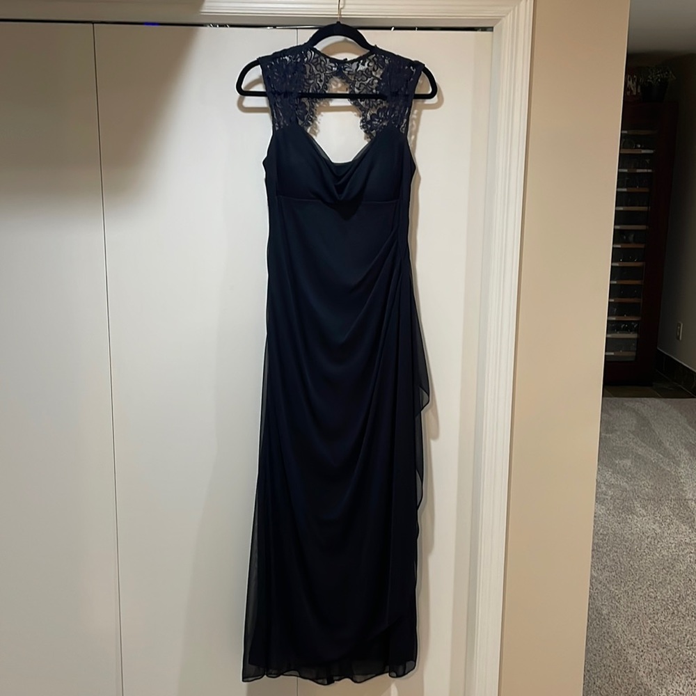 Full length, lined, back gathers, lace shoulders front and back